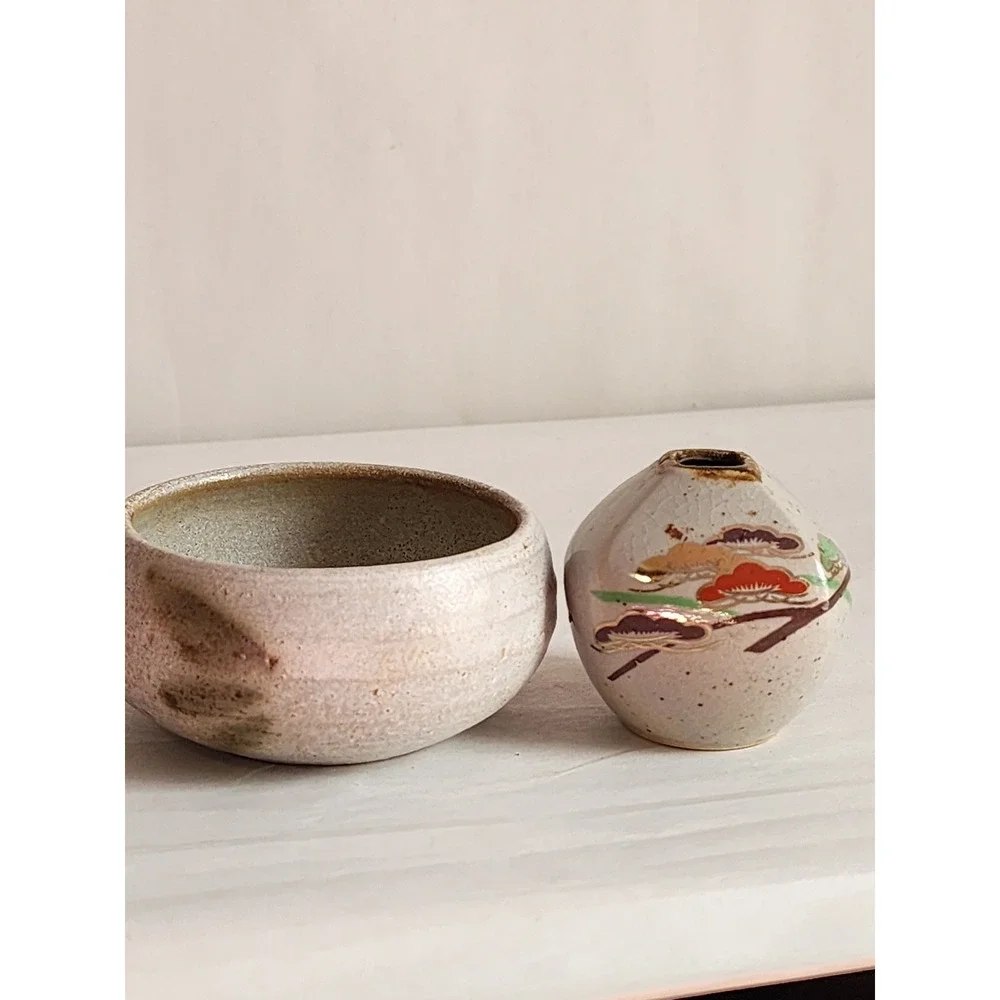 Vintage Japanese Studio Pottery Set Miniature Bud Vase and Small Bowl Signed